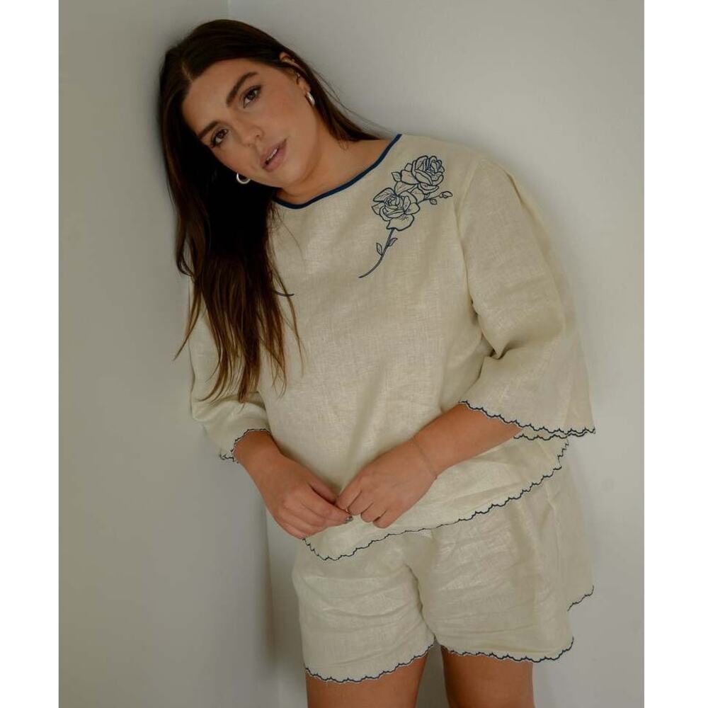 NWT Sonderhaus The West Embroidered 100% Linen Short Crema Medium - Picture 4 of 8